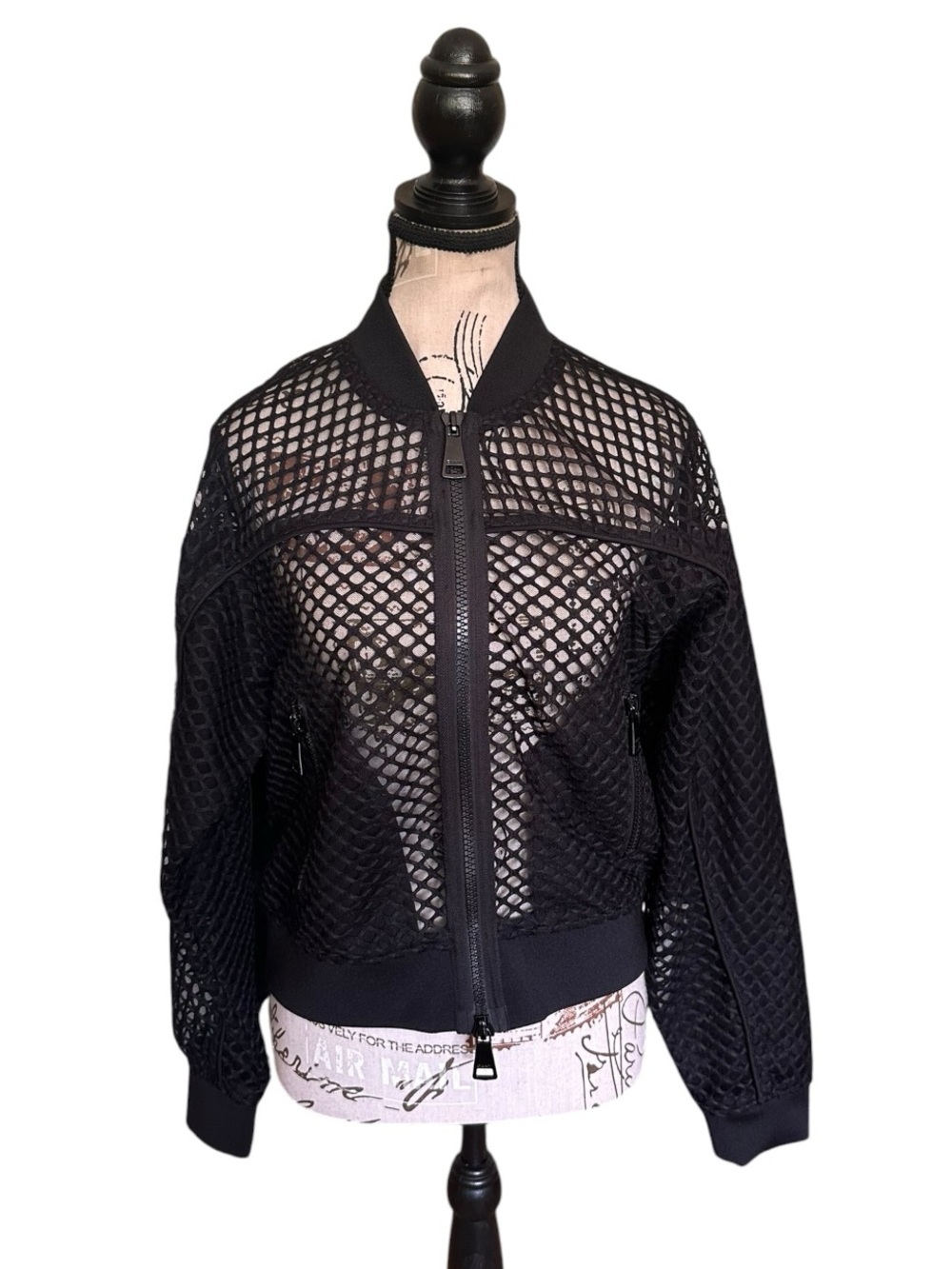 DKNY Black Mesh Bomber Jacket NWT Sheer Zip Front Streetwear Small Mesh Raglan